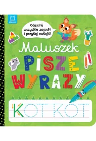 Maluszek pisze wyrazy. Odgadnij zagadki i przyklej naklejki