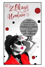 AbCard Karnet Urodziny damskie brokat - czerwone usta i czarne okulary BRW09