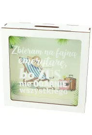 Skarbonka drewniana "zbieram na fajn� emerytur�..." (17,5x17,5x5,5cm)