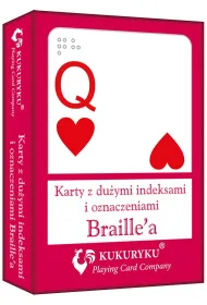 Karty do gry czerwone z du�ymi indeksami i znakami Braile:a Kukuryku