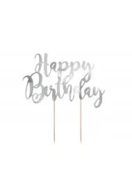 PartyDeco Topper na tort Happy Birthday srebrny 22.5 cm