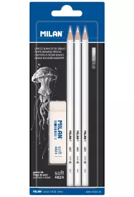 Milan Bia�e o��wki z grubym w�glowym grafitem + gumka 3 szt.
