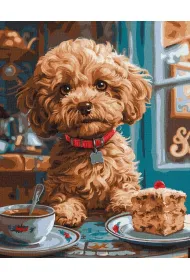 Ideyka Malowanie po numerach - Maltipoo w kawiarni 40x50cm