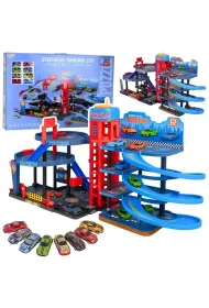 Parking z 8 metalowymi autkami tor 4 poziomy LeanToys