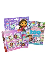 Pakiet: 300 naklejek. Koci Domek Gabi, Puzzle 4w1 - Przygody Gabi. Koci Domek Gabi (35+48+54+70 el.), Czarny Piotru� - Koci Domek Gabi, Gigantyczny notes z zadaniami. Koci Domek Gabi