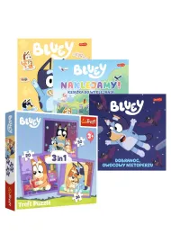 Pakiet: Oto Bluey! Zabawy i zadania z naklejkami, Naklejamy! Bluey. Ksi��ka do wyklejania, Bluey. Dobranoc, owocowy nietoperzu. Moja czytanka, Puzzle 3w1 (20+36+50 el.) Poznaj Bluey