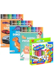 Pakiet dla przedszkolaka. Koloruj, znajduj, naklejam: Szybkie samochody, Niezwyke dinozaury, Pieski, kotki, misie + Kredki Bambino
