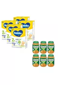 Bebiko 2R Mleko nastpne dla niemowlt powyej 6. miesica ycia + BoboVita Jabka morele i brzoskwinie z biszkoptem po 8 miesicu Zestaw 5 x 600 g + 6 x 190 g