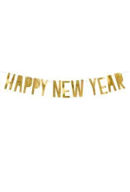 PartyDeco Baner Happy New Year, z�oty, 10x90cm