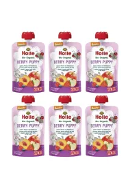 Holle Mus Jagodowy piesek (jab�ko - brzoskwinia - owoce le�ne) od 8 miesi�ca Demeter zestaw 6 x 100 g Bio