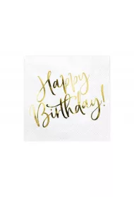 PartyDeco Serwetki Happy Birthday bia�e 33x33 cm