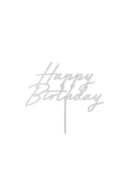 PartyDeco Topper na tort Happy Birthday srebrny 18x16,5cm