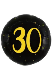 Balon foliowy 30 urodziny, okr�g�y, czarno z�oty, 45cm