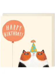 Karnet kwadrat 008 Urodziny Kot z balonem