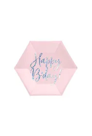 PartyDeco Talerzyki papierowe Happy B`day! pudrowy r� 20 cm 6szt