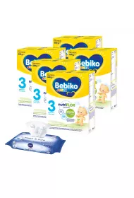 Bebiko Junior 3 Odywcza formua na bazie mleka dla dzieci powyej 1. roku ycia + Nivea Chusteczki nawilane dla dzieci i niemowlt Baby Fresh & Pure Zestaw 5 x 600 g + 63 szt.