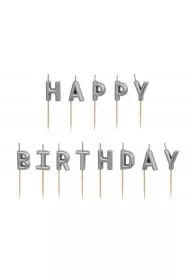 PartyDeco �wieczki urodzinowe Happy Birthday srebrny 13 szt.