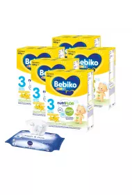 Bebiko Junior 3 Odywcza formua na bazie mleka dla dzieci powyej 1. roku o smaku waniliowym + Nivea Chusteczki nawilane dla dzieci i niemowlt Baby Fresh & Pure Zestaw 5 x 600 g + 63 szt.