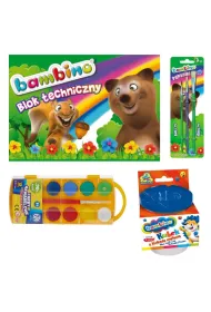 Pakiet May artysta. Blok techniczny A4 Bambino, Farby akwarelowe, Pdzelki, Kubek do pukania pdzli