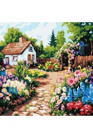 Ideyka Malowania po numerach - Kwiaty przy chatce 30x30cm