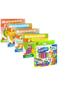 Pakiet dla przedszkolaka. Malowanie-doklejanie: Owoce, Warzywa, Zwierzta na wsi, Dinozaury + Kredki Bambino