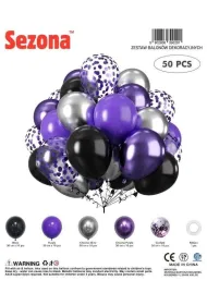 Balony czarne, fioletowe, konfetti 50 szt
