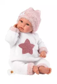 Lalka bobas p�acz�ca 36 cm r�owa czapeczka Llorens