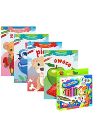 Pakiet dla przedszkolaka. Maluszkowe malowanie: Zabawki, Ptaki, Pieski, Owoce + Kredki Bambino