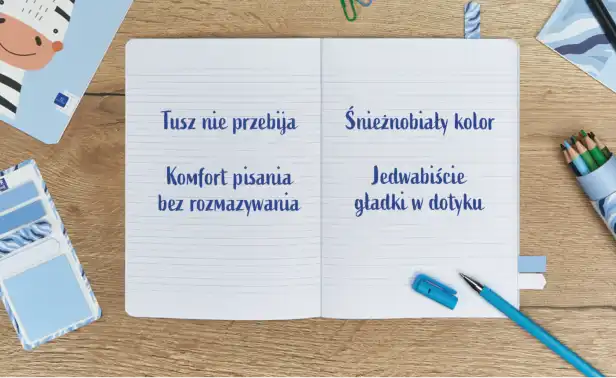 Tusz nie przebija, nienobiay kolor, Komfort pisania bez rozmazywania, Jedwabicie gadki w dotyku